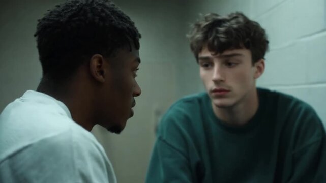 Two young men talking in a hallway;  candid conversation;  possible use in a social issue or drama film