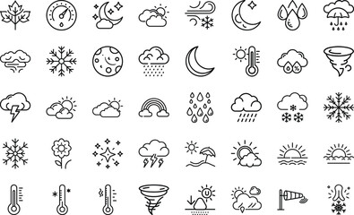 Weather And Climate icon set. With un, rain, snow, cloud, humidity, wind, storm, summer, winter, autumn, spring, forecast, climate, sky, season and more On White Background.