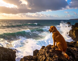 Dog watches stormy ocean sunset