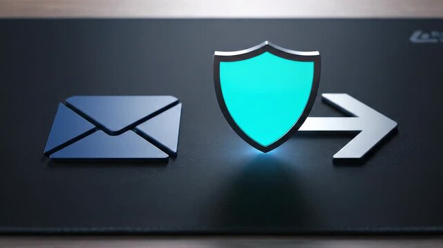 DLP Protection: Outbound Mail Guard blocks an escape arrow with a translucent shield disc; the arrow dissolves to glow and a mint check rests under the shield, leaving a crisp, legible no-egress messa