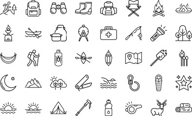 Camping And Outdoor Adventure Equipment icon set. With tent, fire, backpack, hiking, adventure, nature, forest, compass, lantern, travel, outdoor, trip, journey, mountain On White Background.