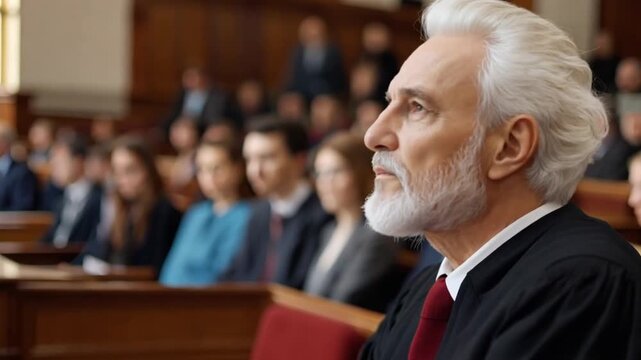Senior judge listening in court; attentive during trial; courtroom setting; legal proceedings; official record of hearing