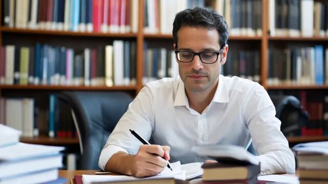 Man studying in library, surrounded by books, focused, learning