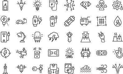 Electricity And Power Energy Illustration icon set. With Cable Plug electricity, power, energy, current, charge, wire, cable, voltage, light, spark, plug icon On White Background