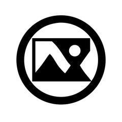 A black and white logo with a landscape inside a circle