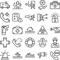 Emergency And Safety Assistance Concept icon set. emergency, ambulance, sos, call, help, rescue, aid, first, exit, fire, police, alert and more icon On White Background