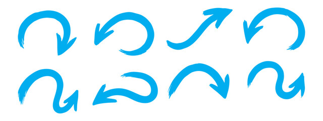 Fototapeta premium Various bold brush drawn curved arrows. Collection doodle marker thick arrows in different directions. Hand drawn vector direction pointers. Curved and wavy brush strokes with scratches