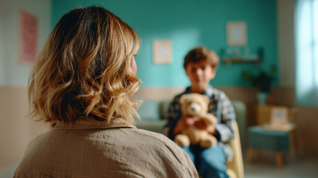 Young child in therapy holding teddy bear during session with female psychotherapist in soft environment
