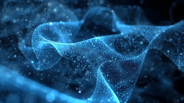 A glowing network of blue points and lines undulates like a wave across a dark background, symbolizing data flow, neural networks, and futuristic digital landscapes in motion.