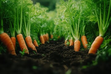 Row of fresh orange carrots growing in dark rich soil in a garden. Healthy vegetable crop on a farm for organic food production process.