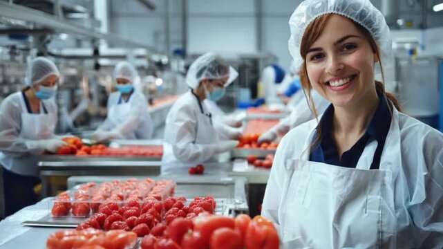 Food processing plant worker sorting tomatoes