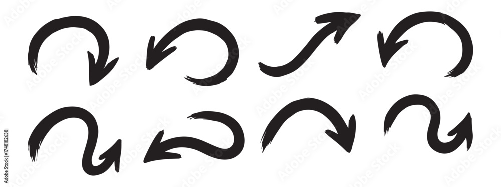 Wall mural various bold brush drawn curved arrows. collection doodle marker thick arrows in different direction