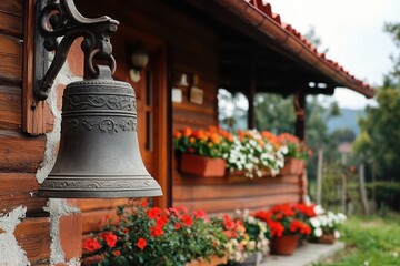Fototapeta premium Old metal bell hanging on wooden house wall with flowerpots. Decorative garden element on rustic home facade. Traditional architecture detail.