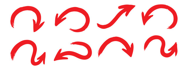 Various bold brush drawn curved arrows. Collection doodle marker thick arrows in different directions. Hand drawn vector direction pointers. Curved and wavy brush strokes with scratches