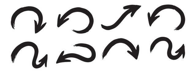 Various bold brush drawn curved arrows. Collection doodle marker thick arrows in different directions. Hand drawn vector direction pointers. Curved and wavy brush strokes with scratches