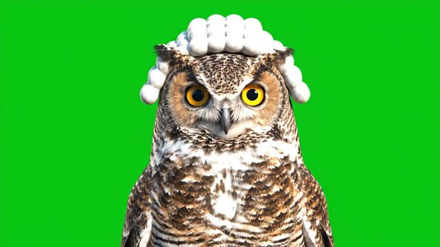 Humorous horned owl wearing a judicial wig blinking and looking around on a green screen background
