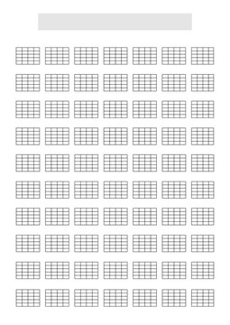 Blank Guitar (6 strings) chords tablature blocks as music sheet template. A4 format in portrait mode with a song title and artist name block at the top