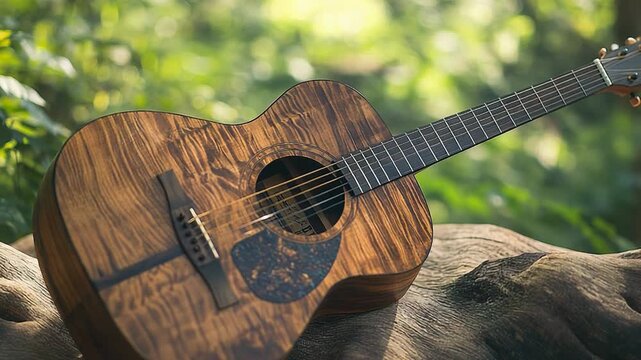 Acoustic guitar resting on tree root in forest