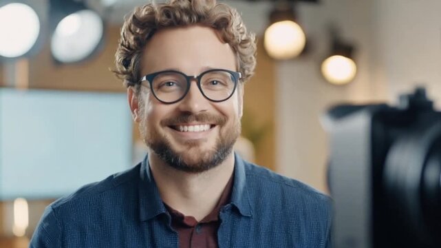Man in glasses smiles at camera in studio. Possible use Social Media