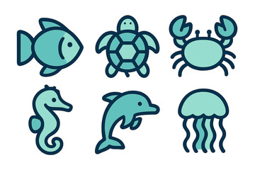 Obraz premium Set of cute flat design icons featuring marine animals fish turtle crab and dolphin