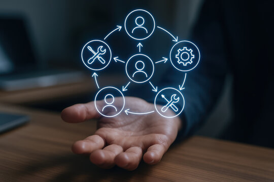Ai agent workflow automation team network collaboration process diagram over hand