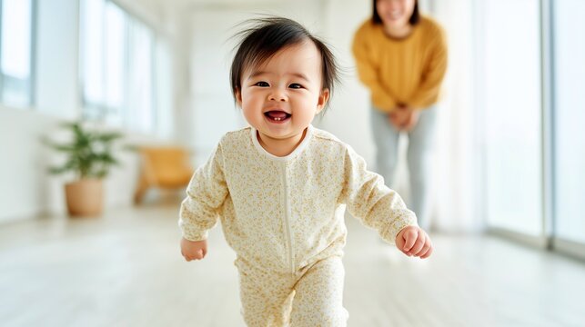 Happy toddler taking first steps at home with proud mother watching. Joyful Asian baby learning to walk indoors in bright modern living room. Family milestone moment.
