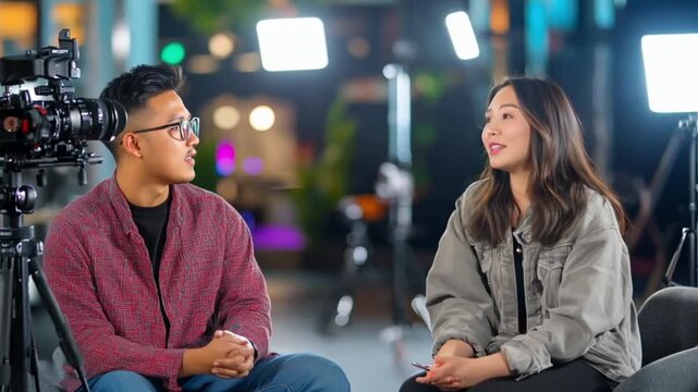 Two people in conversation, video interview studio setting, discussing a topic. Possible use social media, news website, educational content