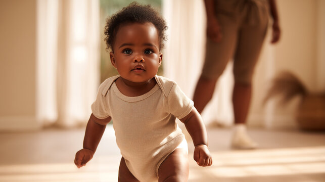 Adorable baby learning to walk at home with parent nearby. African American toddler taking first steps indoors in warm sunlit room. Precious childhood milestone and family bonding moment. - Powered by Adobe