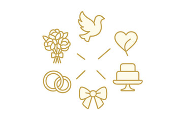Golden line icons representing wedding and romantic celebration symbols including rings, cake, dove, and flowers