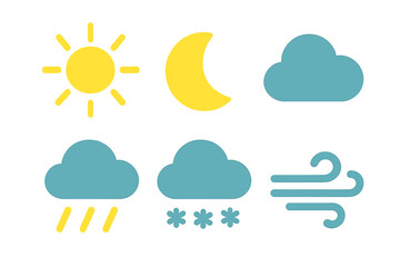 Fototapeta premium Essential weather condition symbols set featuring sun, moon, cloud, rain, snow, and wind elements