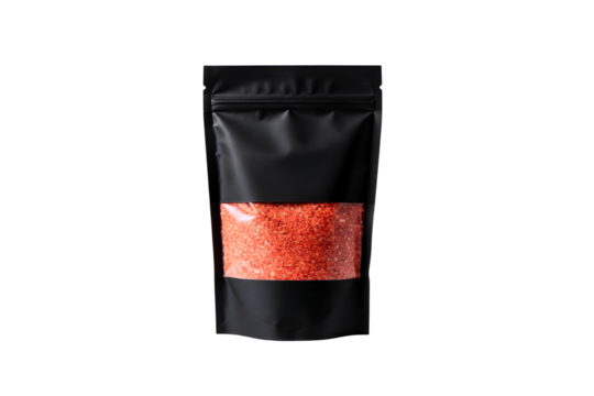 Black stand up pouch bag filled with bright orange glitter isolated on transparent background