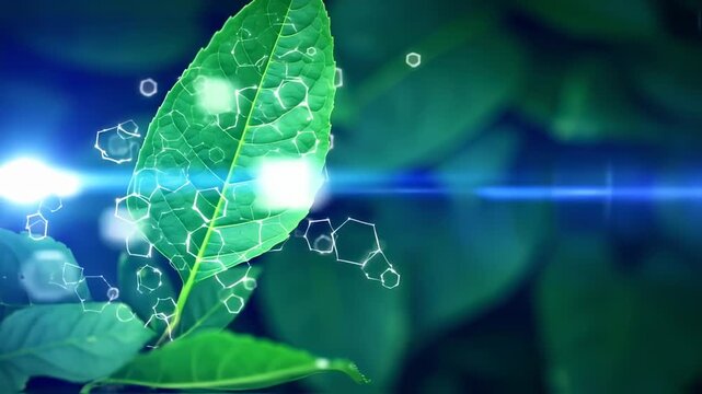 Close-up of a vibrant green leaf, with a network of abstract, white, hexagonal shapes overlayed, creating a scientific or technological design.  