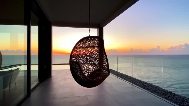 Sunrise view from a modern balcony with a hanging chair