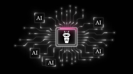 A central robot icon with ai text surrounded by interconnected circuits and ai text boxes on a black background