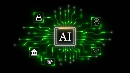 Artificial intelligence circuit board with icons for security banking and technology image
