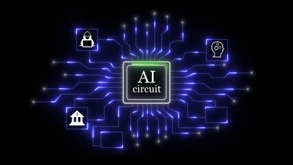 Glowing blue circuit board with ai chip and icons for banking hacking and intelligence artificial