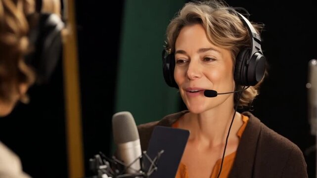 Woman podcasting in studio; professional audio recording