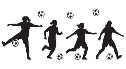 Obraz premium Silhouette of female soccer players in action with soccer balls, isolated on transparent background