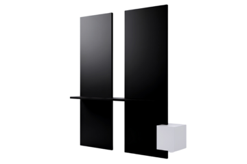 Two tall black modern speakers with a small white cube on a transparent background isolated on transparent background