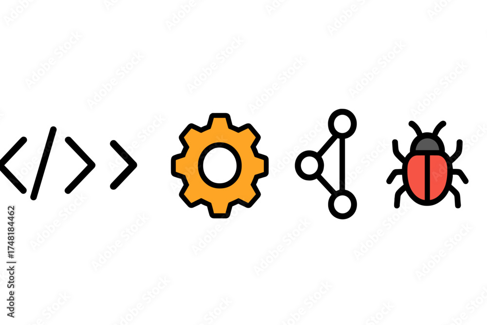 Wall mural Development process symbols: coding tags, settings gear, network structure, and software bug