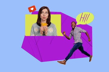 Collage of happy influencer like icon with heart symbolizing internet popularity social media trends