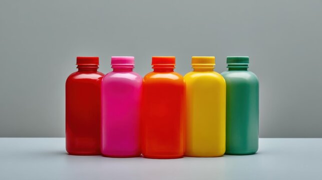 Group of five plastic bottles of different colors - red, pink, orange, yellow, green, and blue - arranged in a row on a grey surface. the bottles have red caps and are of different sizes and shapes.