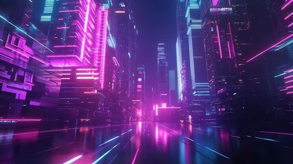 Futuristic cyberpunk city street with neon light trails - Powered by Adobe