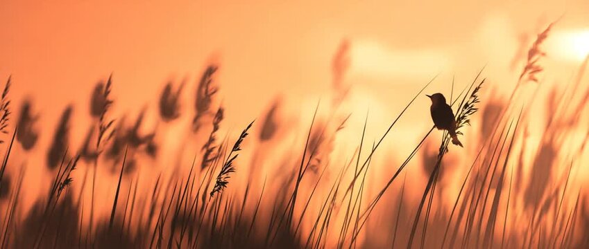 Bird silhouette perched on plant stem against warm orange sunset sky