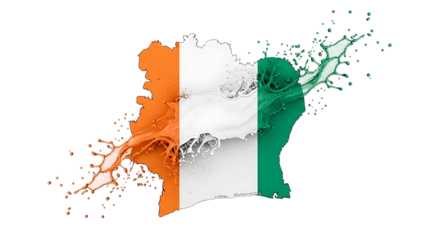 Ivory coast map is made of multicolored splashes isolated on transparent background, representing the nations diverse landscape and cultural heritage, with its vibrant mix of traditions and modern inf