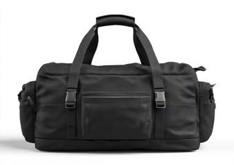 Naklejka premium A black duffel bag, featuring multiple pockets and straps, is presented on a plain white background