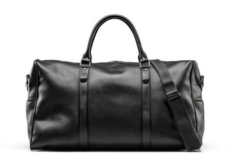 Naklejka premium Black leather duffel bag, front view, against white background. Features top handles, a zippered closure, and a shoulder strap. Simple, classic design