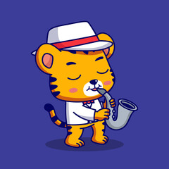 Anthropomorphic tiger wearing a white suit and hat playing a saxophone with closed eyes and a joyful expression on a dark blue background