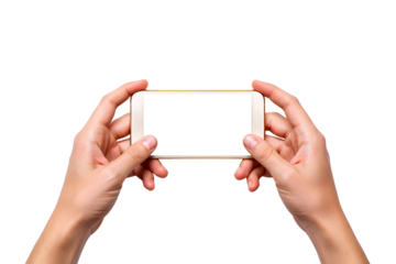 Hands holding a white smartphone horizontally in landscape mode isolated on transparent background