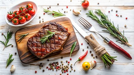 Savory Grilled Ribeye Steak with Rosemary and Cherry Tomatoes on White Wooden Table. Fine Dining Cuisine Concept.